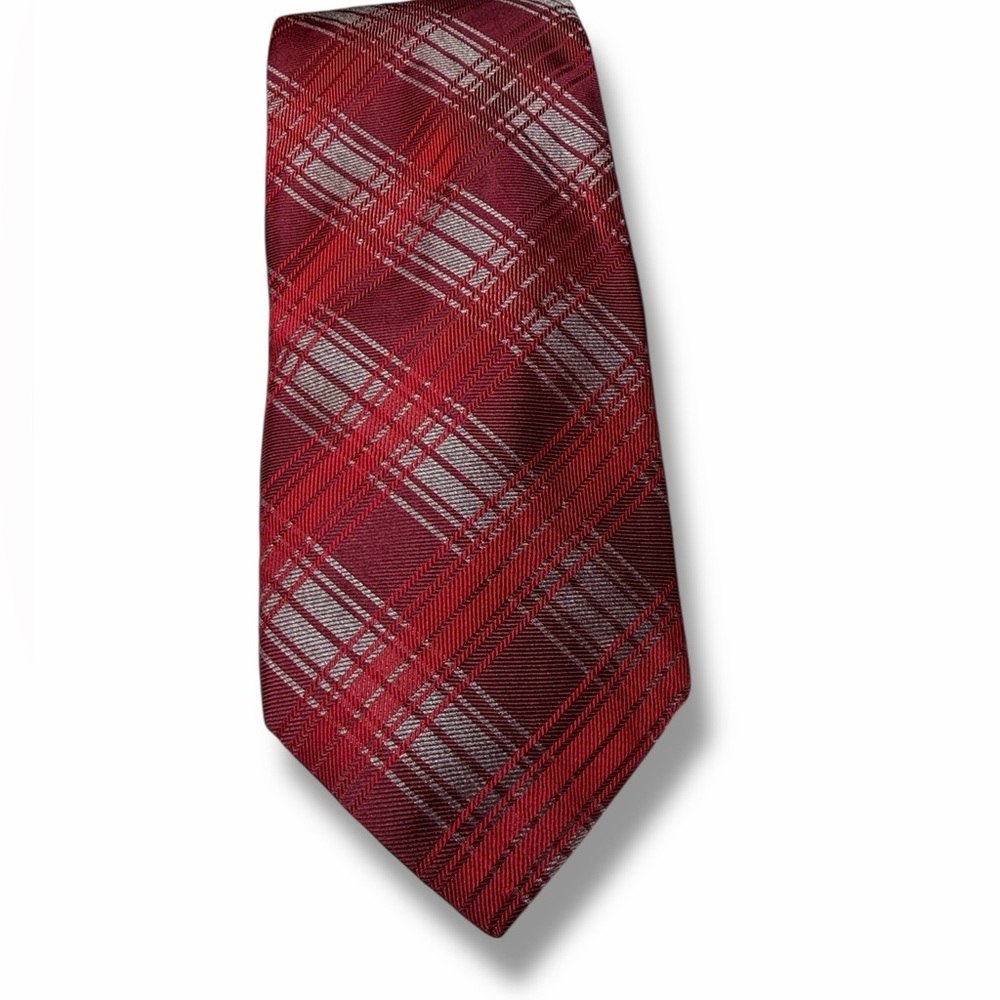 Michael Kors Maroon Red Gray Plaid Mens Silk Tie